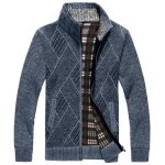 Gilet zippe homme hiver en tricot doublé polaire veste chaude col montant couleur contraste - bleu Gilet zippe homme hiver en tricot doublé polaire veste chaude col montant couleur contraste - bleu