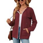 Gilet zippe en tricot femme  capuche casual cardigan manches longues avec poches couleur unie