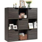 Biblioth�que meuble de rangement cube 9 casiers 5 portes goplus - gris