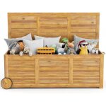 Goplus coffre de jardin 182l roulant - coffre de rangement en bois dacacia � 2 roues - poign�e lat�rale ...
