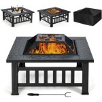 Goplus brasero de jardin carr� en fer brasero en maille et couvercle pare - �tincelles avec tisonnier ...