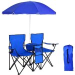 Chaise de camping pliante 2 places avec parasol goplus - bleu - charge 120kg * 2 - sac isotherme & porte ...