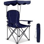 Chaise de camping pliante avec pare soleil porte - gobelets int�gr�s - goplus - bleu