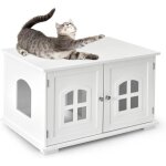Goplus maison pour chat en boiscabane / abri / enclos pour chat avec fen�tres et portes2 compartimentsblanc ...