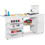 Goplus meuble pour machine � coudre table de couture pliante avec roues universelles et 4 etag�res de ...