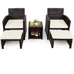 Goplus salon de jardin 5 pi�ces - 2 personnes - en rotin tress� - 2 chaises&2 tabourets avec coussins ...