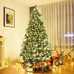 Goplus sapin de no�l artificiel 240cm lumineux avec pommes de pin feuilles en pvc / pe600 led blanche ...