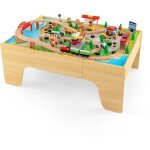 Goplus table circuit de train enfant 3 ans + en bois84pcs train bois jouet avec plateau r�versible&amovible ...