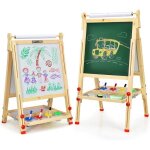 Goplus tableau enfant double face en bois de pin - hauteur r�glable 3 niveaux - chevalet 3 en 1 avec ...