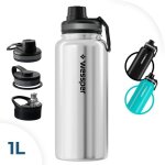 Gourde isotherme wessper activemax steeline - bouteille en acier - 3 bouchons - 1000ml - argent