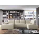 Grand canap� dangle gauche panoramique convertible en velours c�tel� beige amelia