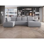 Grand canap� dangle droit panoramique convertible en velours c�tel� gris clair amelia