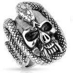 Grosse bague chevalire homme acier tte de mort fureur roi serpent biker (60)