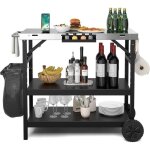 Gymax 3 niveaux chariot barbecue pliable avec 2 roues desserte plancha en 201 acier inoxydable tablette ...