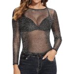 Haut transparent femme tulle moulant  manches longues noir transparents top  paillettes pour soire ...