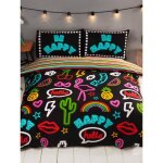 Ensemble de literie - rapport - tre heureux non - double housse de couette - multicolore - 200x200cm ...