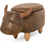 Tabouret vache - homcom - pouf vachette taureau coffre rangement 2 - en - 1 d�coratif - bois - marron ...