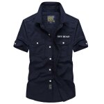 Homme chemise militaire manches courtes en coton chemisette ete avec poches couleur unie - bleu fonc� ...