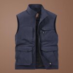 Hommes respirant gilets sans manche de plein air multi - poches col montant - bleu