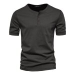 Homme t - shirt manches courtes henley col rond boutons tee shirt slim fit en coton couleur unie - gris ...
