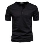 Homme t - shirt manches courtes henley col rond boutons tee shirt slim fit en coton couleur unie - noir ...