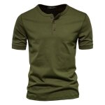 Homme t - shirt manches courtes henley col rond boutons tee shirt slim fit en coton couleur unie - vert ...