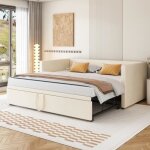Canap - lit gigogne - pergar - 90 / 180x200 cm - velours beige - 2 / 3 places - sommier  lattes