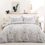 Housse de couette 220x240 gris fleurs parure de lit 2 personne en microfibre avec fermeture clair + ...