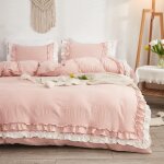 Housse de couette 220x240  volants rose parure de lit 2 personne avec fermeture clair + 2 taie doreiller ...