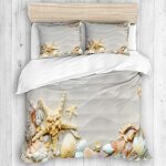 Housse de couette 220x240cm - parure de lit plage avec toiles de mer et coquillages 1 + 2 taies doreillers ...