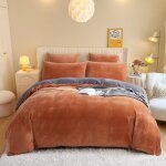 Housse de couette - flanelle - caramel et gris - 220x240 cm - 2 taies doreiller - fermeture clair