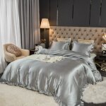 Housse de couette satin 220x240 + 2 taies doreiller 65 x 65 gris parure de lit  volants avec fermeture ...