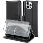 Housse pour iphone 13 pro max (6. 7) etui portefeuille en cuir pu noir et 2 verres tremps