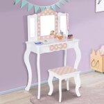 Idmarket coiffeuse enfant roza blanche et rose avec 3 miroirs et tabouret