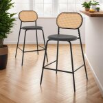 Idmarket lot de 2 tabourets de bar vintage clotilde en m�tal noir et dossier cannage