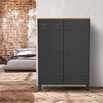 Idmarket armoire basse ester 2 portes m�tal noir et plateau bois design industriel
