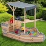 Idmarket bac � sable world bois bateau de pirate avec banc coffre et toit gris