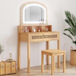 Idmarket coiffeuse edhen avec miroir led 1 tiroir 3 niches et tabouret effet cannage naturel et bois