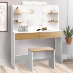 Idmarket coiffeuse zelia blanc et h�tre table de maquillage 4 �tag�res miroir led et tabouret