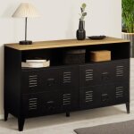 Idmarket commode 4 tiroirs ester 115 cm m�tal noir et plateau fa�on h�tre avec niche design industriel ...