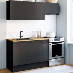 Idmarket cuisine compl�te 180 cm subtil avec plan de travail 5 �l�ments noir et plateaux bois