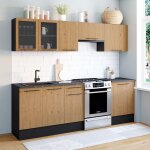 Idmarket cuisine compl�te 240 cm subtil avec vitrine + plan de travail 7 �l�ments noir et fa�on h�tre ...