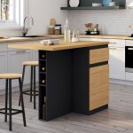 Idmarket ilot central tino 120 cm avec range - bouteilles 4 personnes bois noir avec plan de travail ...