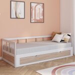 Idmarket lit banquette 90 x 190 cm zoya convertible 180 x 190 cm blanc et h�tre avec 1 tiroir de rangement ...