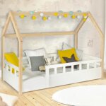 Idmarket lit cabane enfant 80 x 160 cm neree blanc et h�tre avec sommier et barri�res