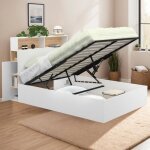 Idmarket lit coffre double clyde avec t�te de lit + rangements et sommier 140 x 190 cm blanc et fa�on ...