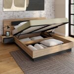 Idmarket lit coffre double santa avec t�te de lit + tables de chevets int�gr�es et sommier 140 x 190 ...