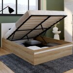 Idmarket lit coffre double seaside avec t�te de lit et sommier 140 x 190 cm fa�on h�tre et blanc