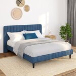 Idmarket lit double annie avec t�te de lit et sommier 140 x 190 cm velours bleu