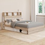 Idmarket lit double clem avec rangements + t�te de lit et sommier 140 x 190 cm h�tre et blanc